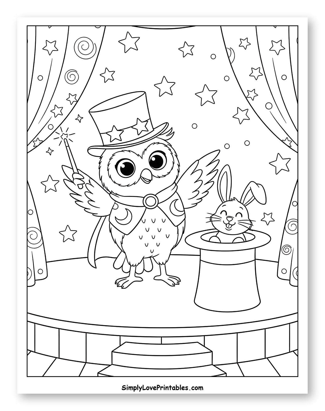 Owl Magician and Rabbit on Stage Coloring Sheet for Kids