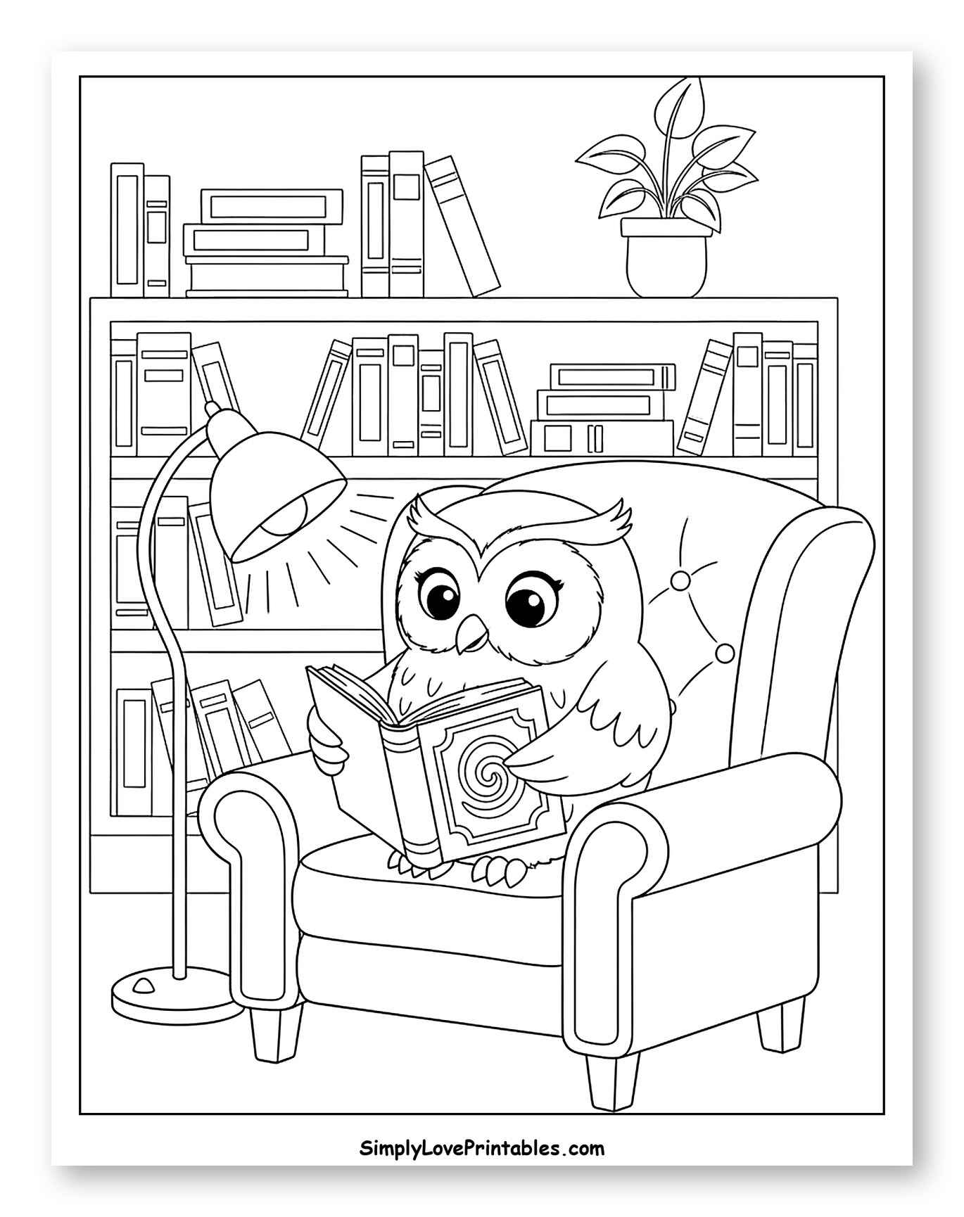Owl Reading a Book in an Armchair to Color for Kids