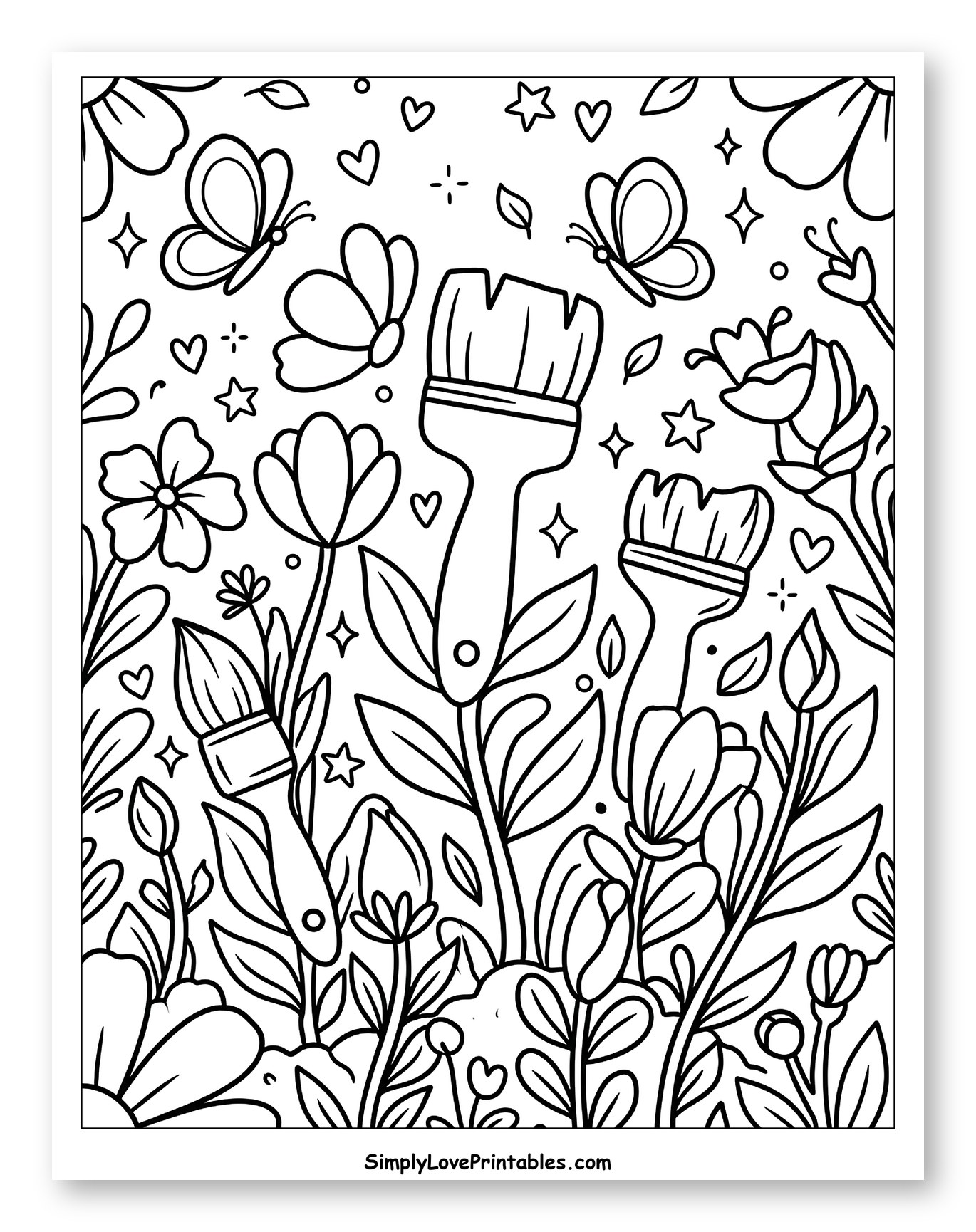 Paintbrushes, Flowers, and Butterflies in a Garden