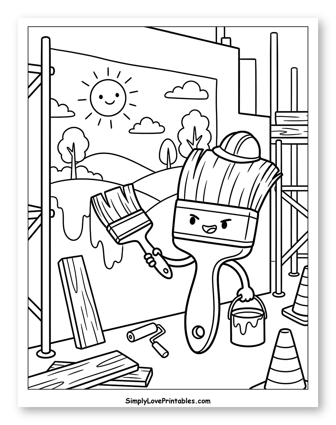 Paintbrushes Painting a Sunny Landscape Mural to Color for Kids