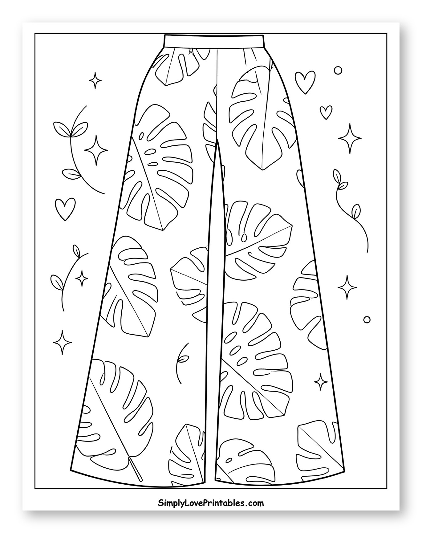 Palazzo Pants with Tropical Leaf Pattern to Color for Adults