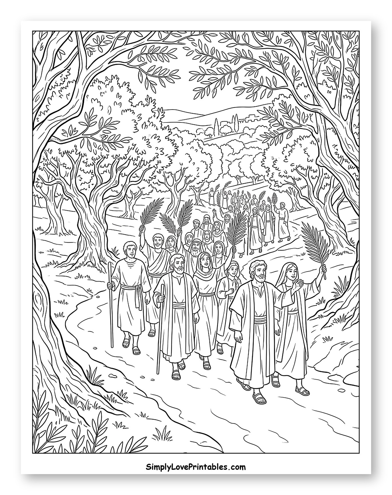 Palm Sunday Procession in Olive Grove Coloring Sheet