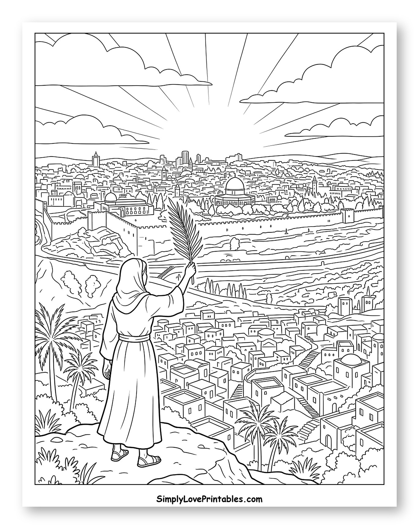 Palm Sunday Scene Overlooking Holy City Coloring Page