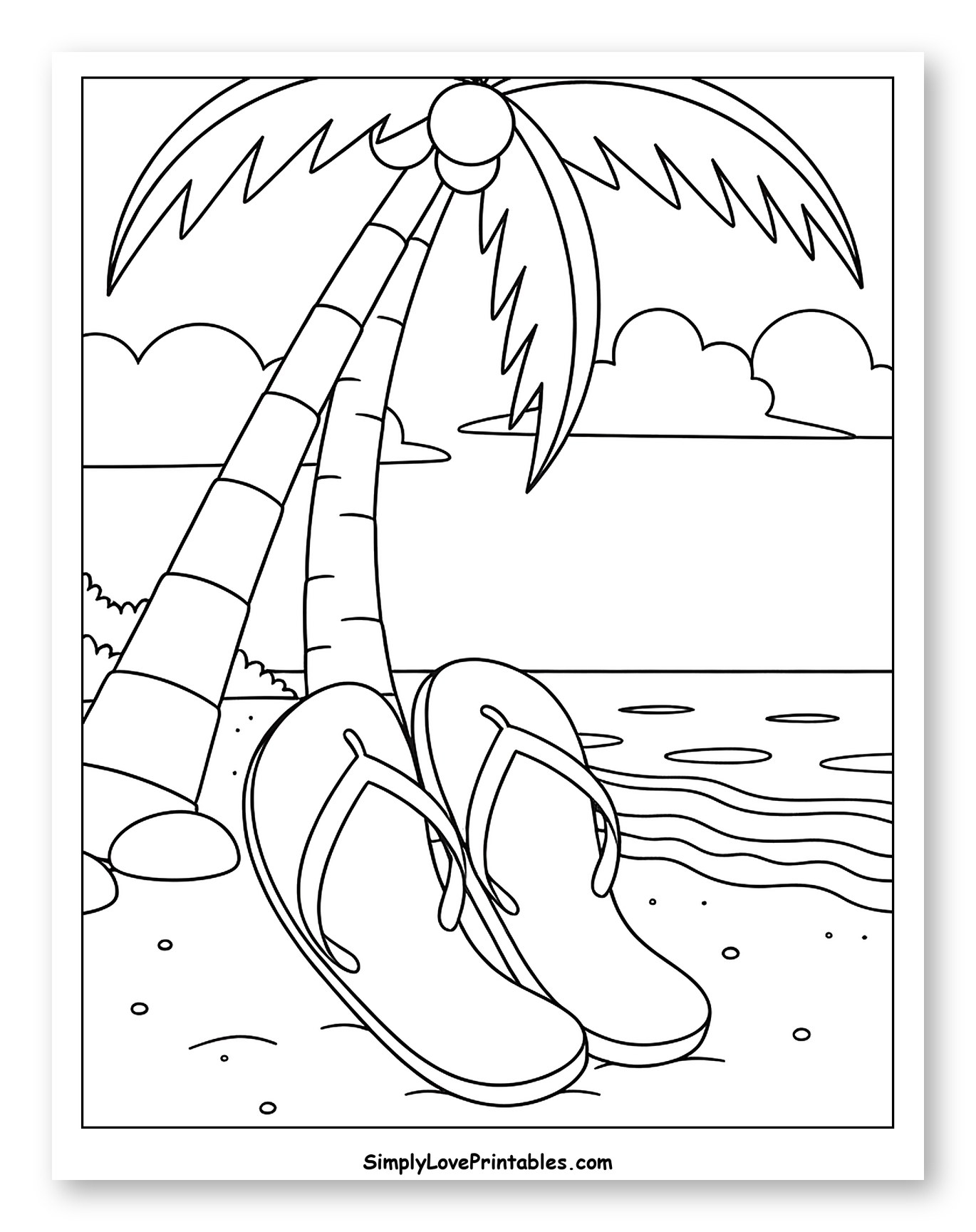 Palm Tree and Flip Flops on Sandy Beach to Color for Kids