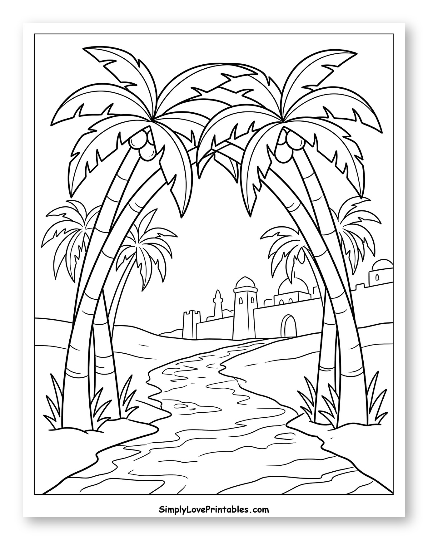 Palm Trees Framing a River and Desert City Coloring Page for Kids