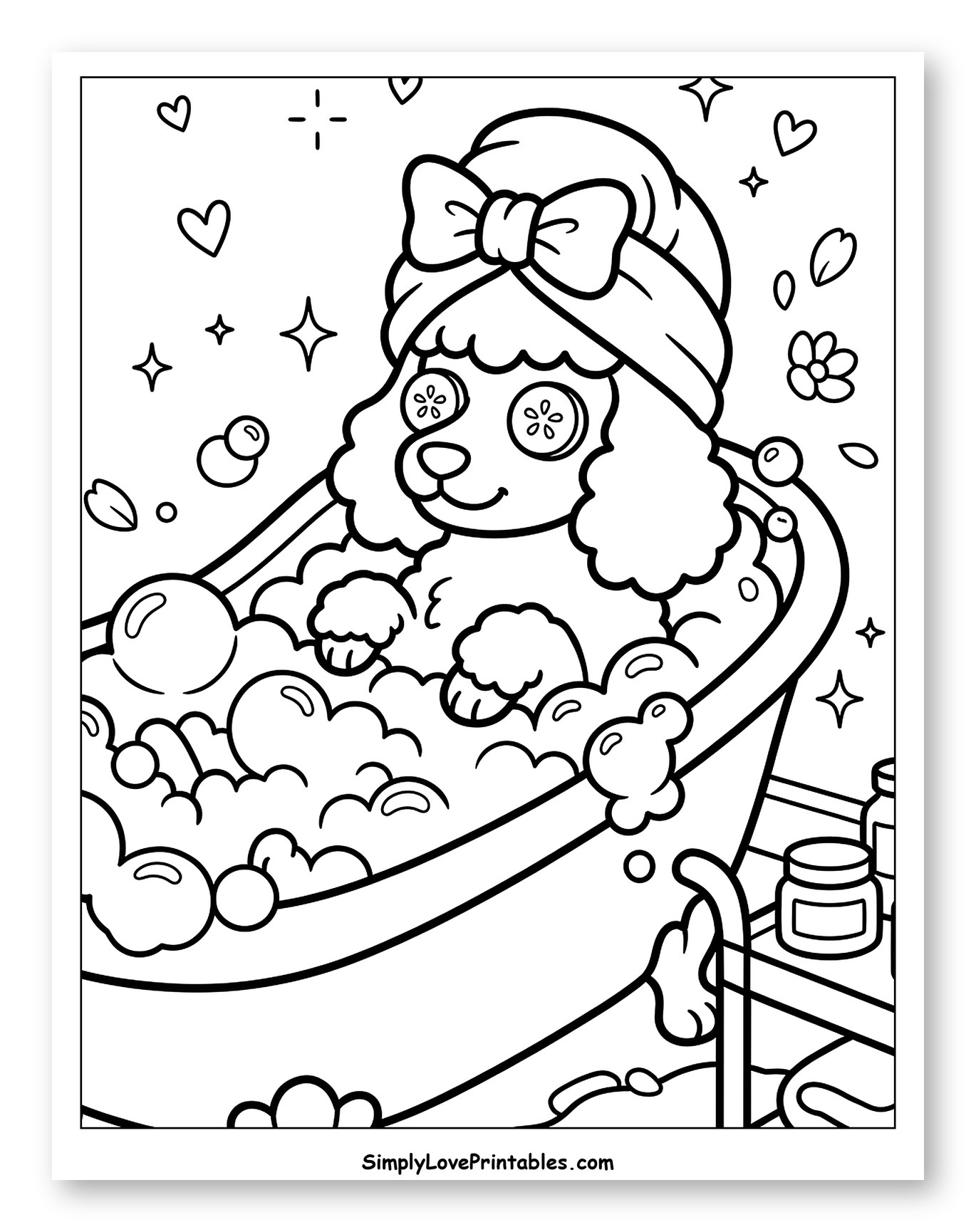 Pampered Poodle in a Spa Bathtub to Color for Adults
