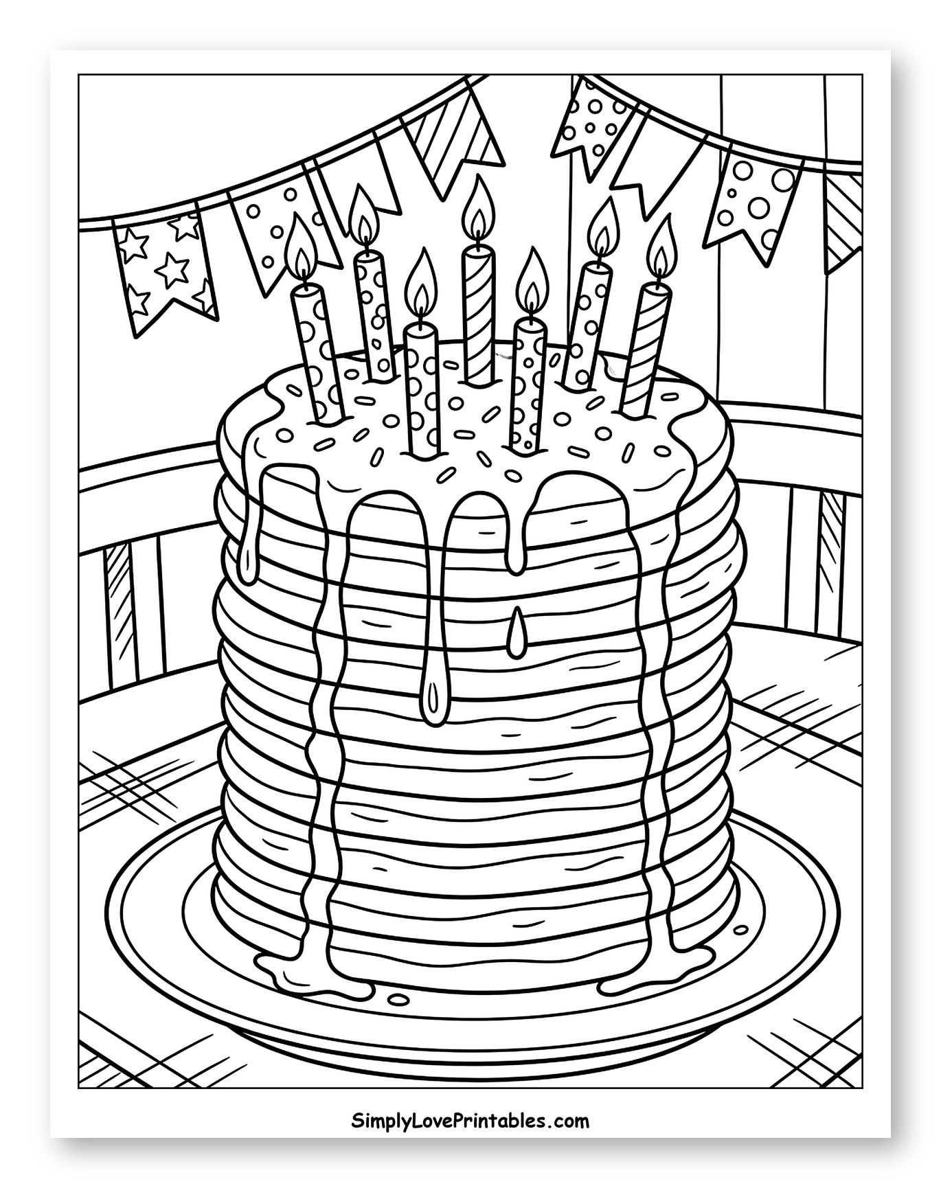 Pancake Birthday Cake with Dripping Syrup Coloring Sheet for Kids