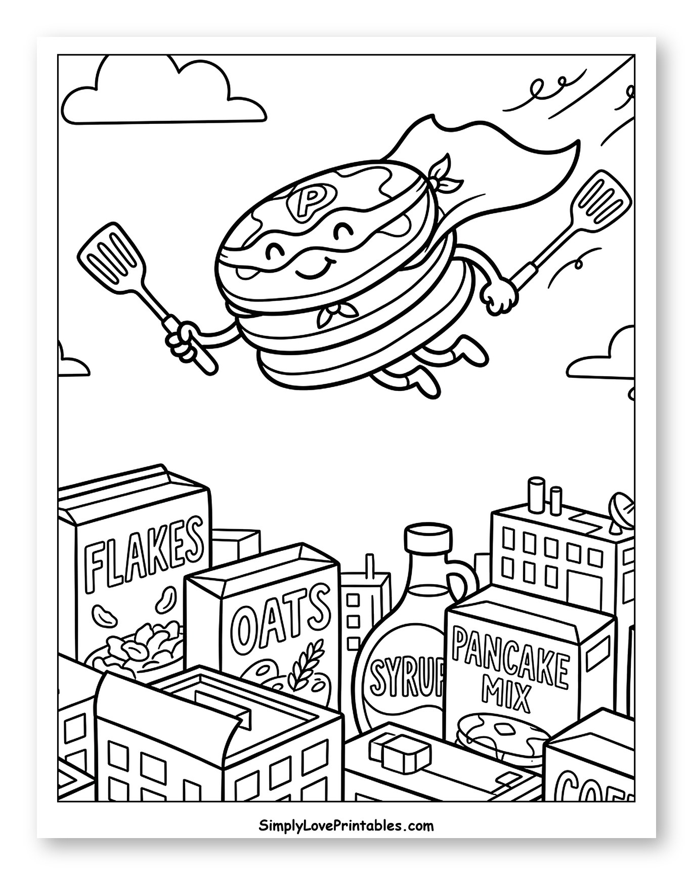 Pancake Superhero Soaring Over Breakfast Cityscape