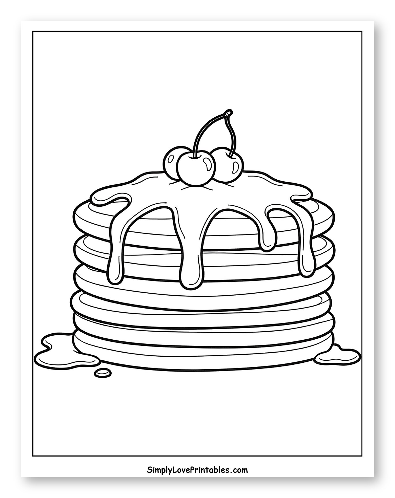 Pancakes with Dripping Syrup and Cherries Coloring Sheet for Toddlers