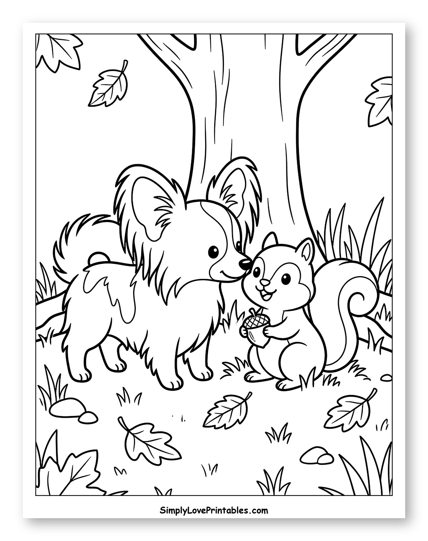 Papillon Dog and Squirrel with Acorn Coloring Sheet for Kids