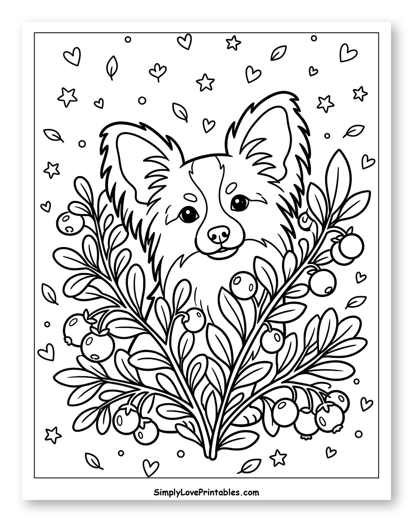 Papillon Dog Peeking Through Blueberry Bushes Coloring Page for Adults