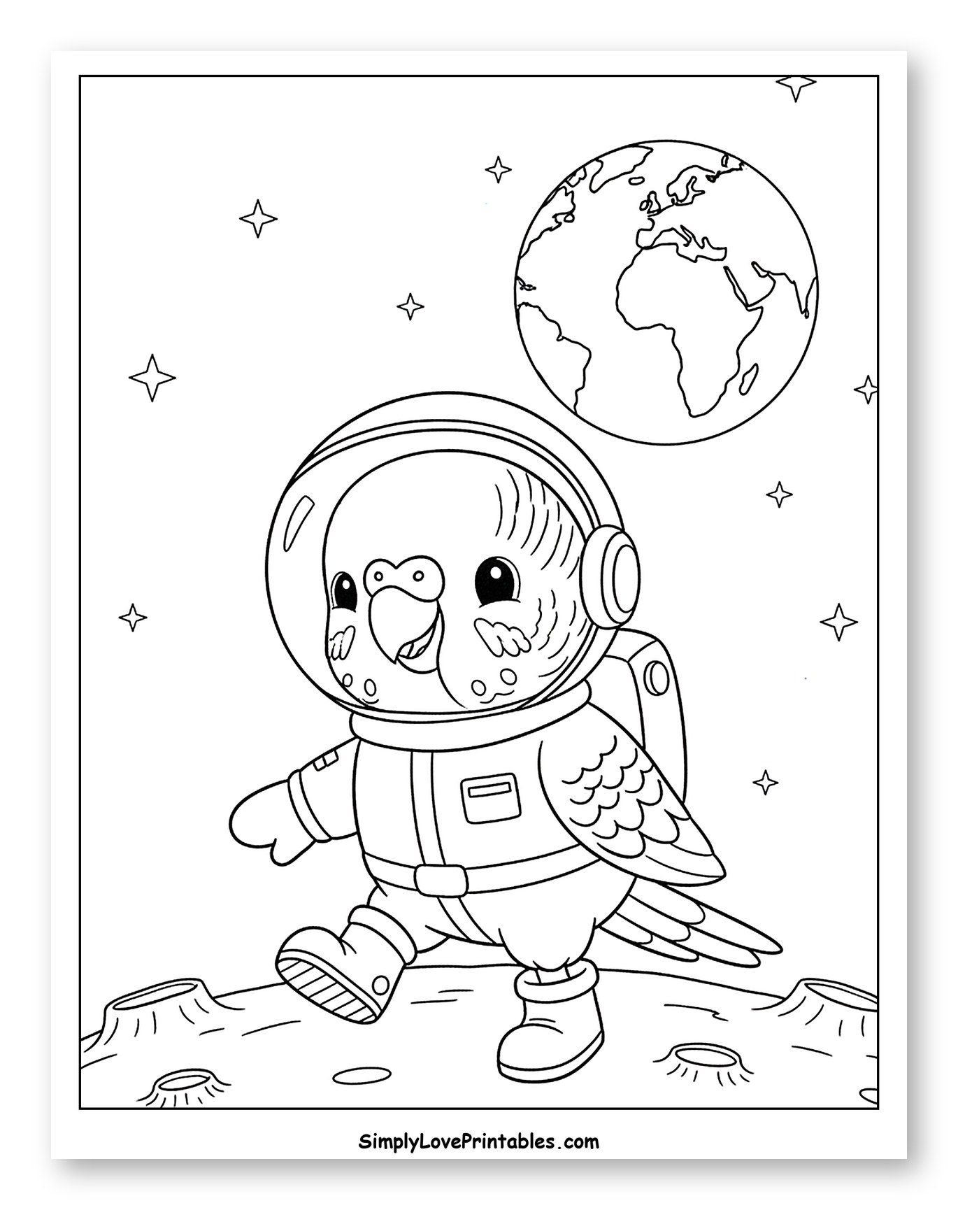 Parakeet Astronaut Walking on the Moon to Color for Kids