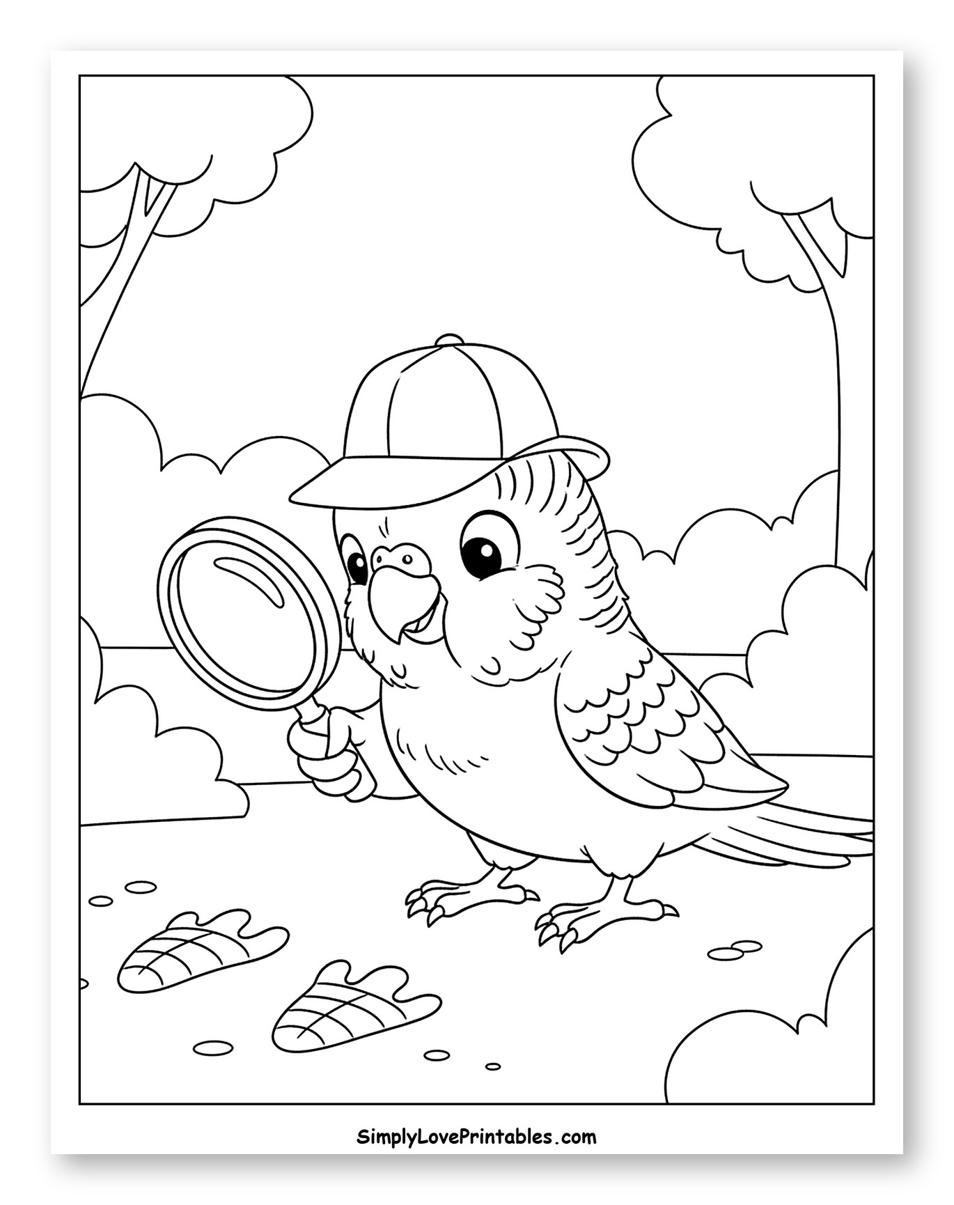 Parakeet Detective Investigating Footprints in Woods