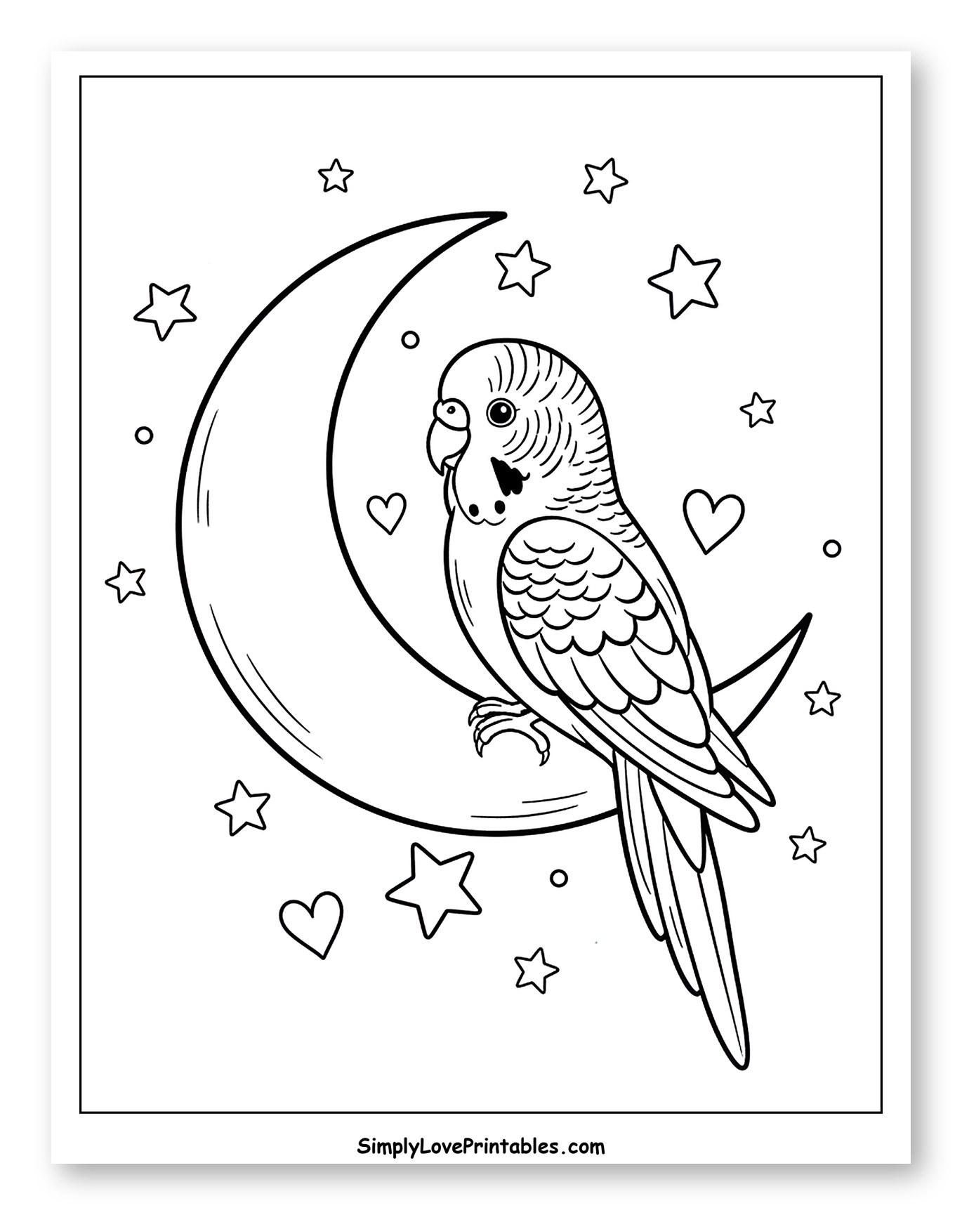 Parakeet on Crescent Moon with Stars to Color for Adults