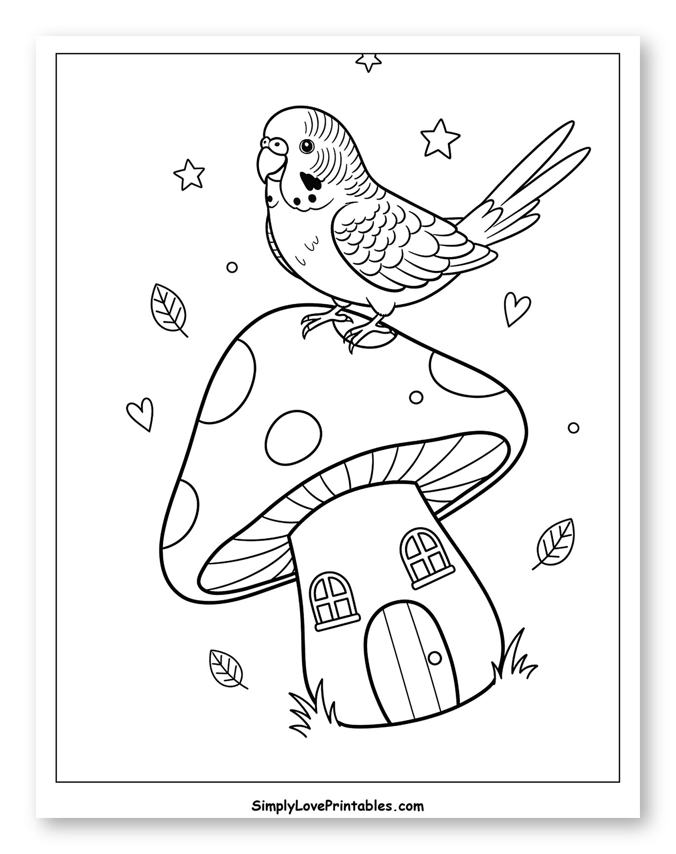 Parakeet Perched on a Whimsical Mushroom House Coloring Sheet for Adults