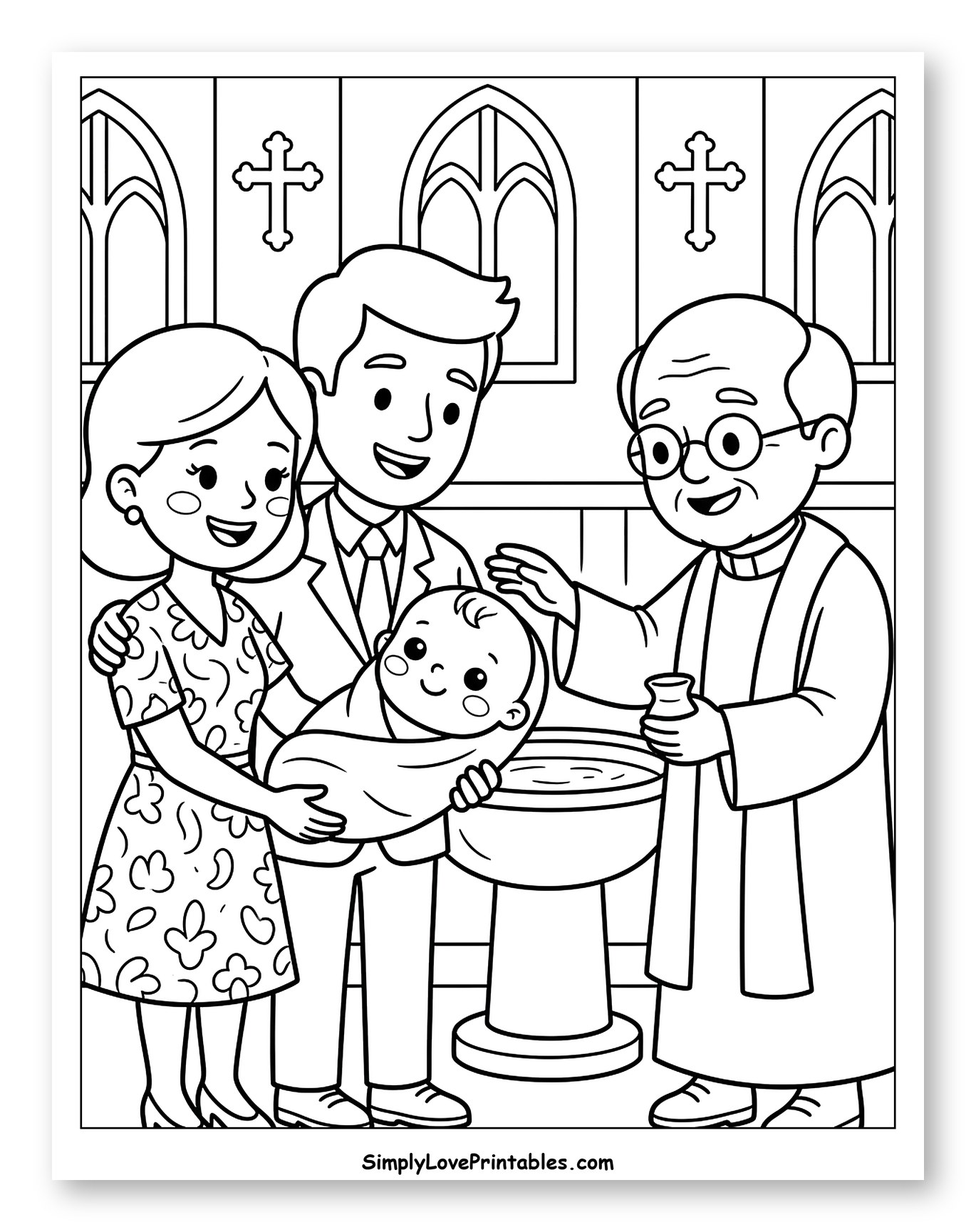 Parents and Priest Baptizing a Baby Coloring Sheet for Kids