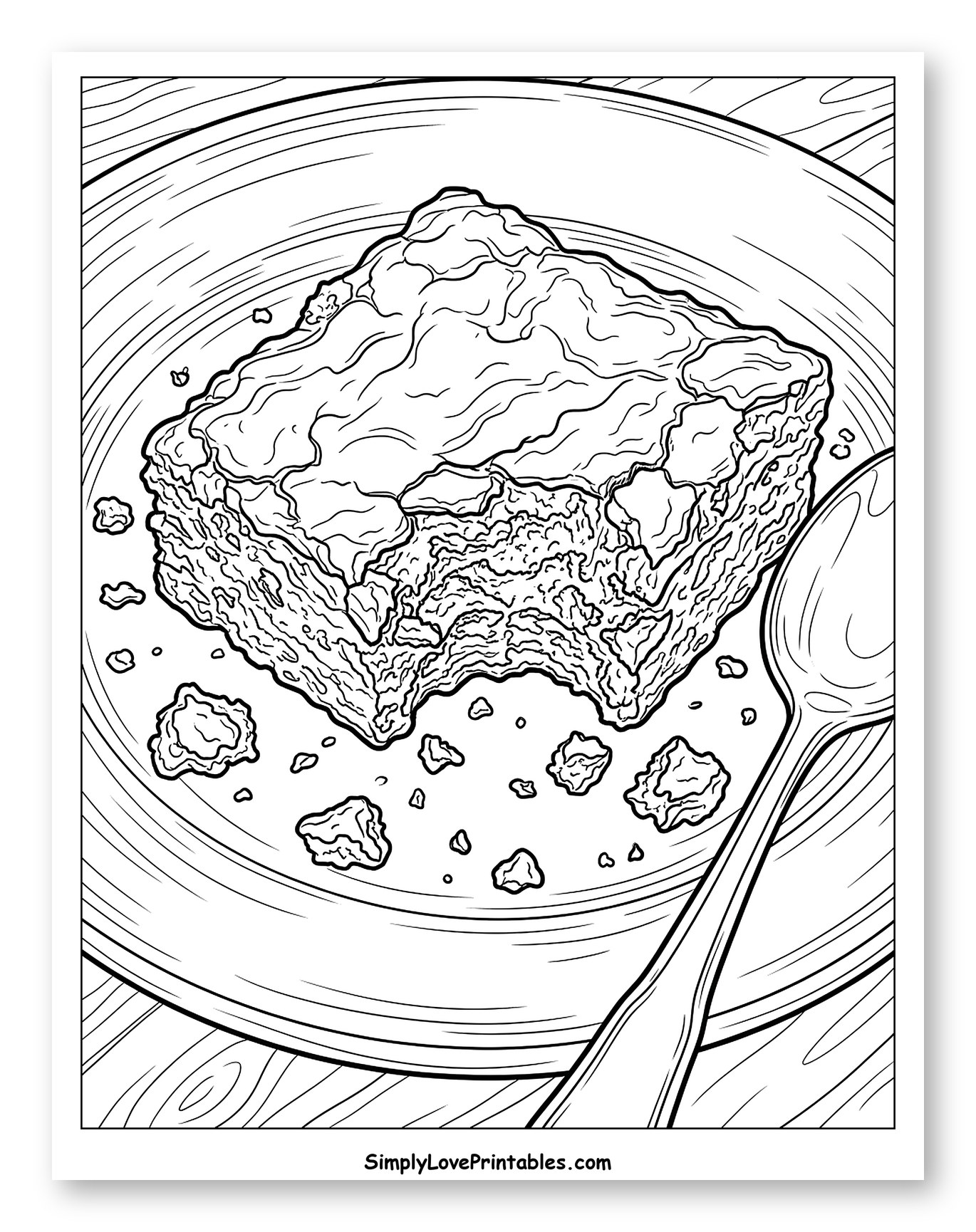 Partially Eaten Brownie on Plate with Spoon Coloring Page