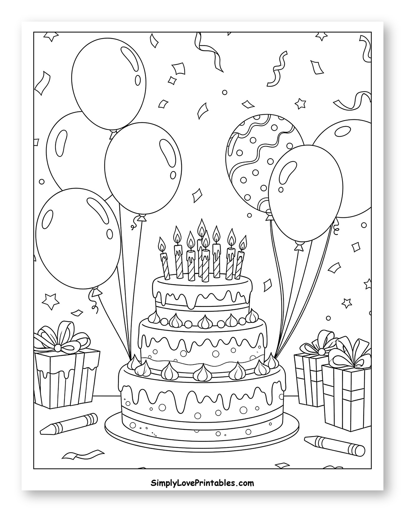 Party Cake with Balloons, Gifts, and Confetti