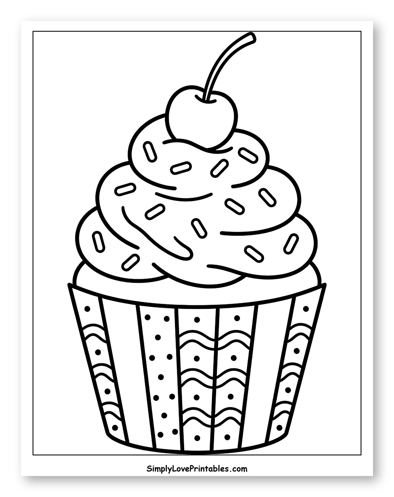 Patterned Cupcake with Frosting and Cherry to Color for Toddlers