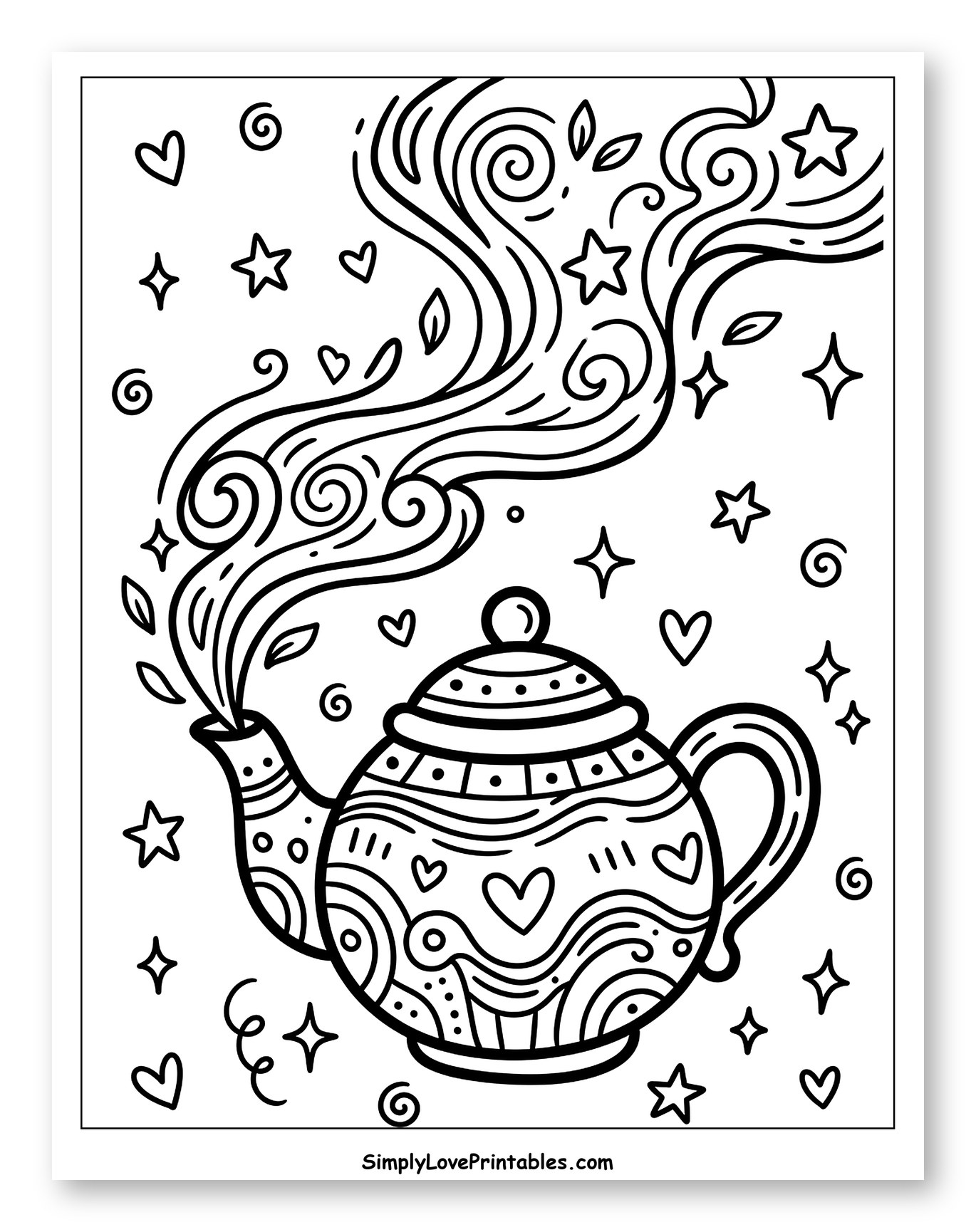 Patterned Teapot with Steam, Stars, and Hearts