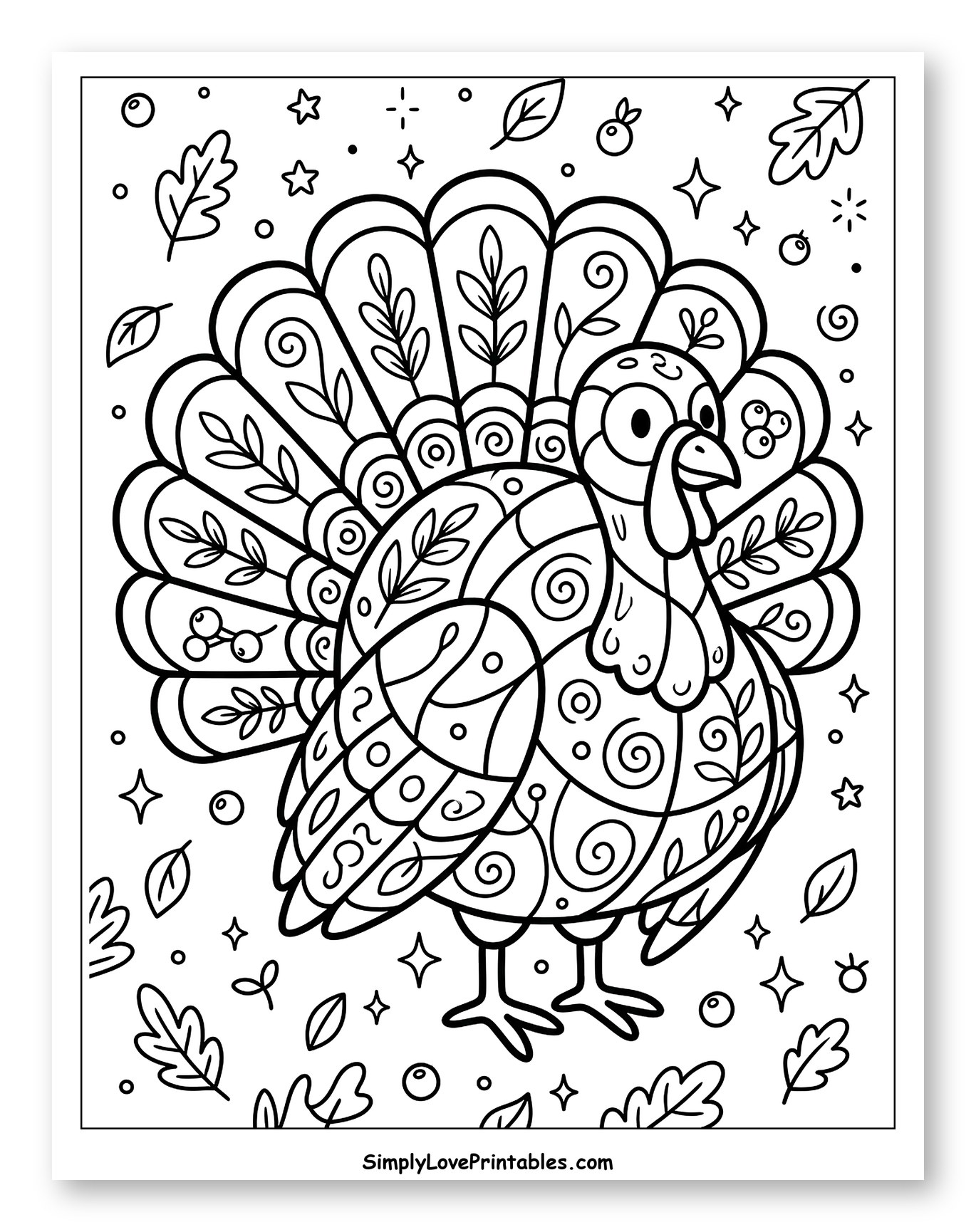 Patterned Turkey with Autumn Leaves and Berries Coloring Sheet for Adults