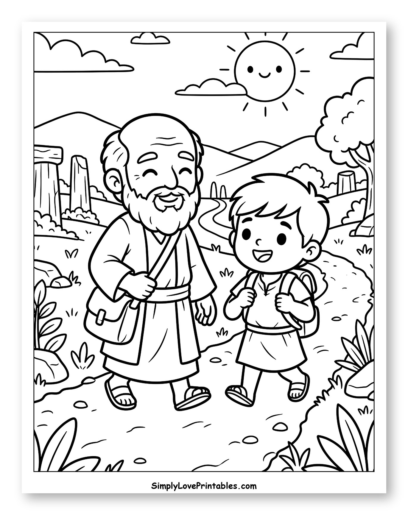 Paul and a Young Boy Walking Coloring Sheet for Kids
