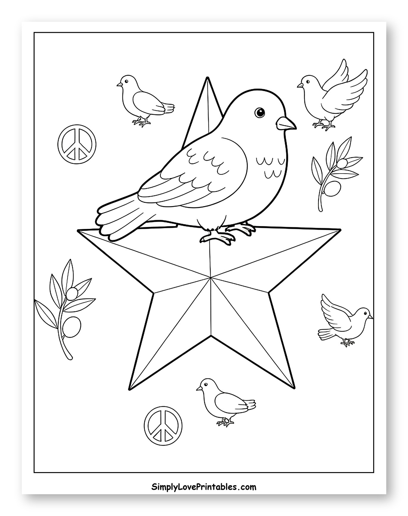 Peace Doves and Star with Olive Branches Coloring Sheet for Toddlers