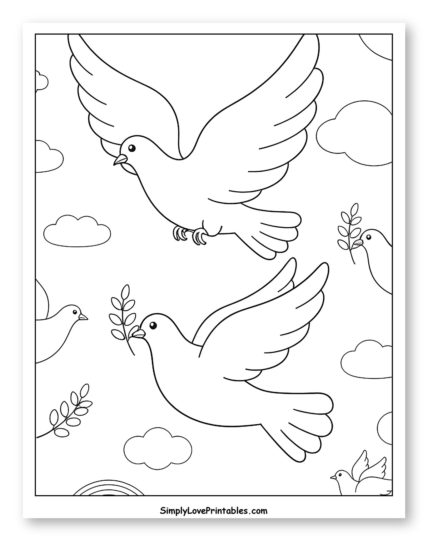Peace Doves Flying with Rainbows and Clouds
