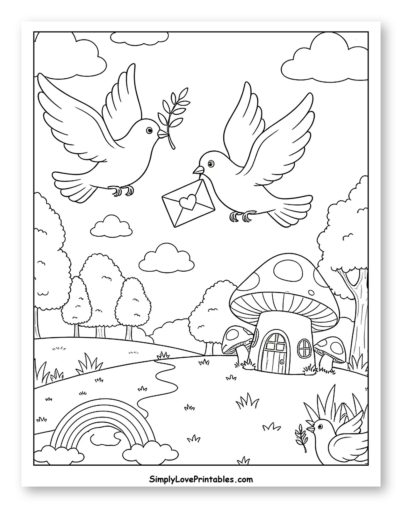 Peace Doves with Letter and Mushroom Home