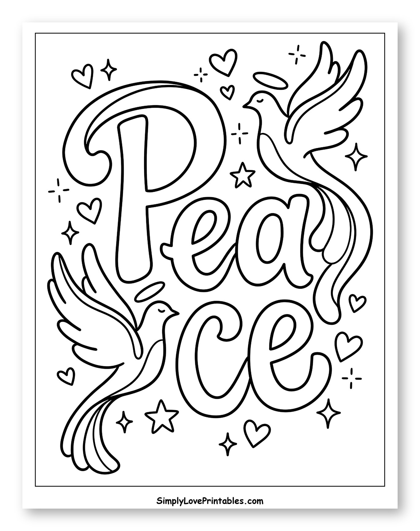 Peace Word with Doves and Hearts Coloring Sheet for Adults
