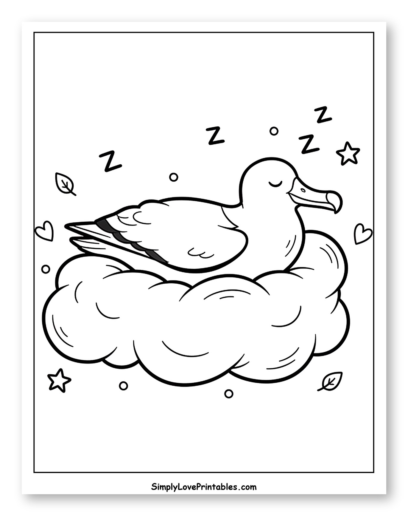 Peaceful Albatross Dreaming on a Fluffy Cloud Coloring Page for Adults
