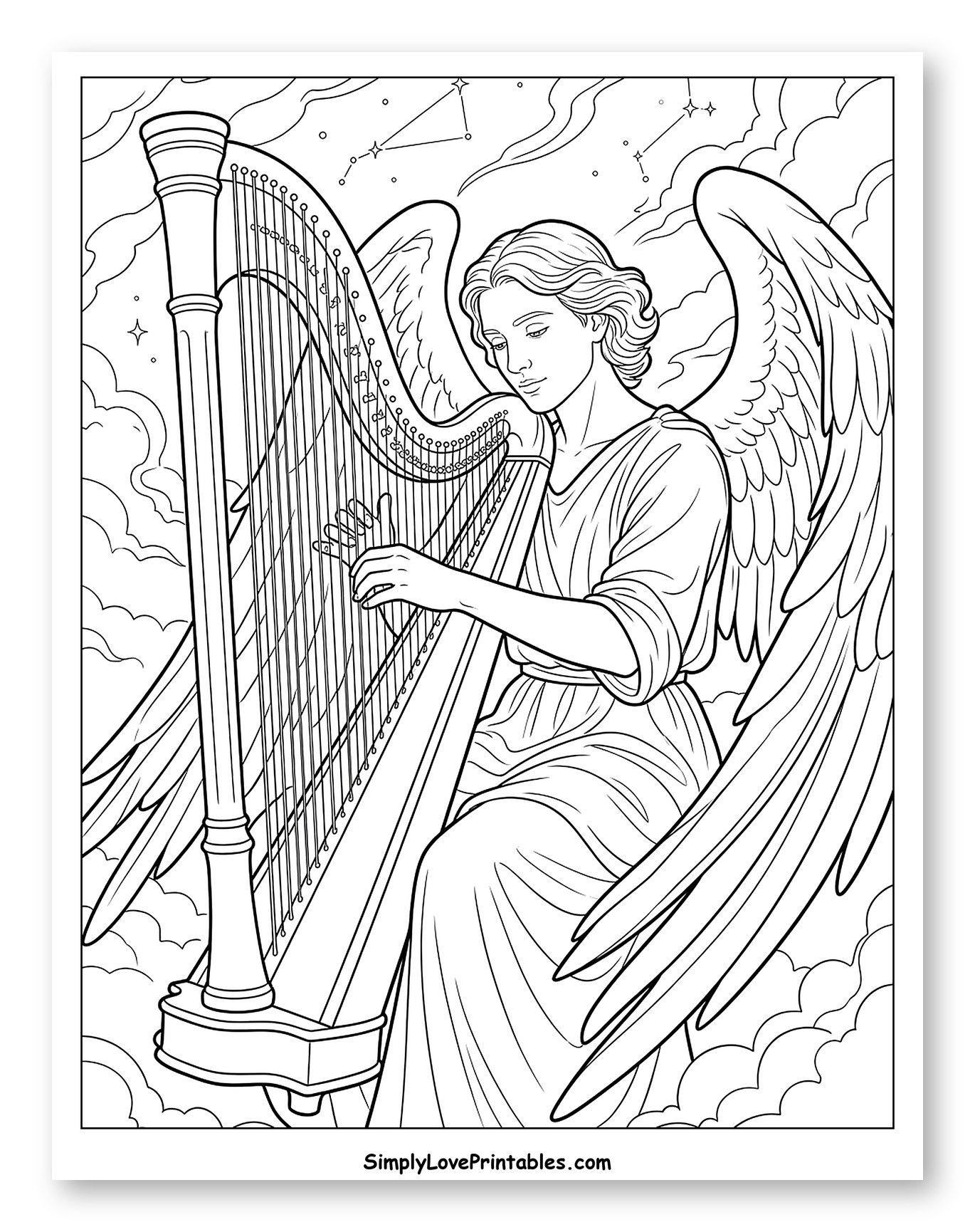Peaceful Angel Playing Harp Among Clouds