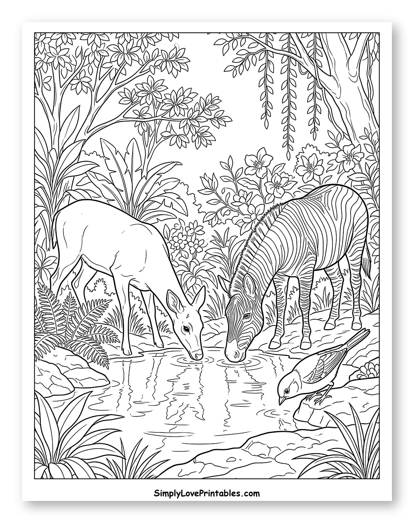 Peaceful Animals Drinking at a Watering Hole Coloring Sheet