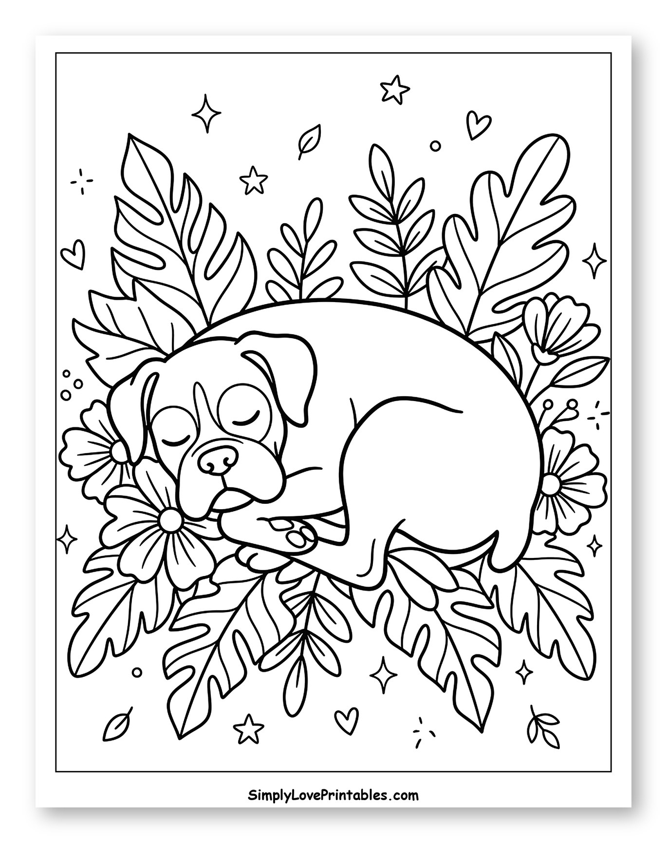 Peaceful Boxer Sleeping on a Bed of Leaves Coloring Page for Adults