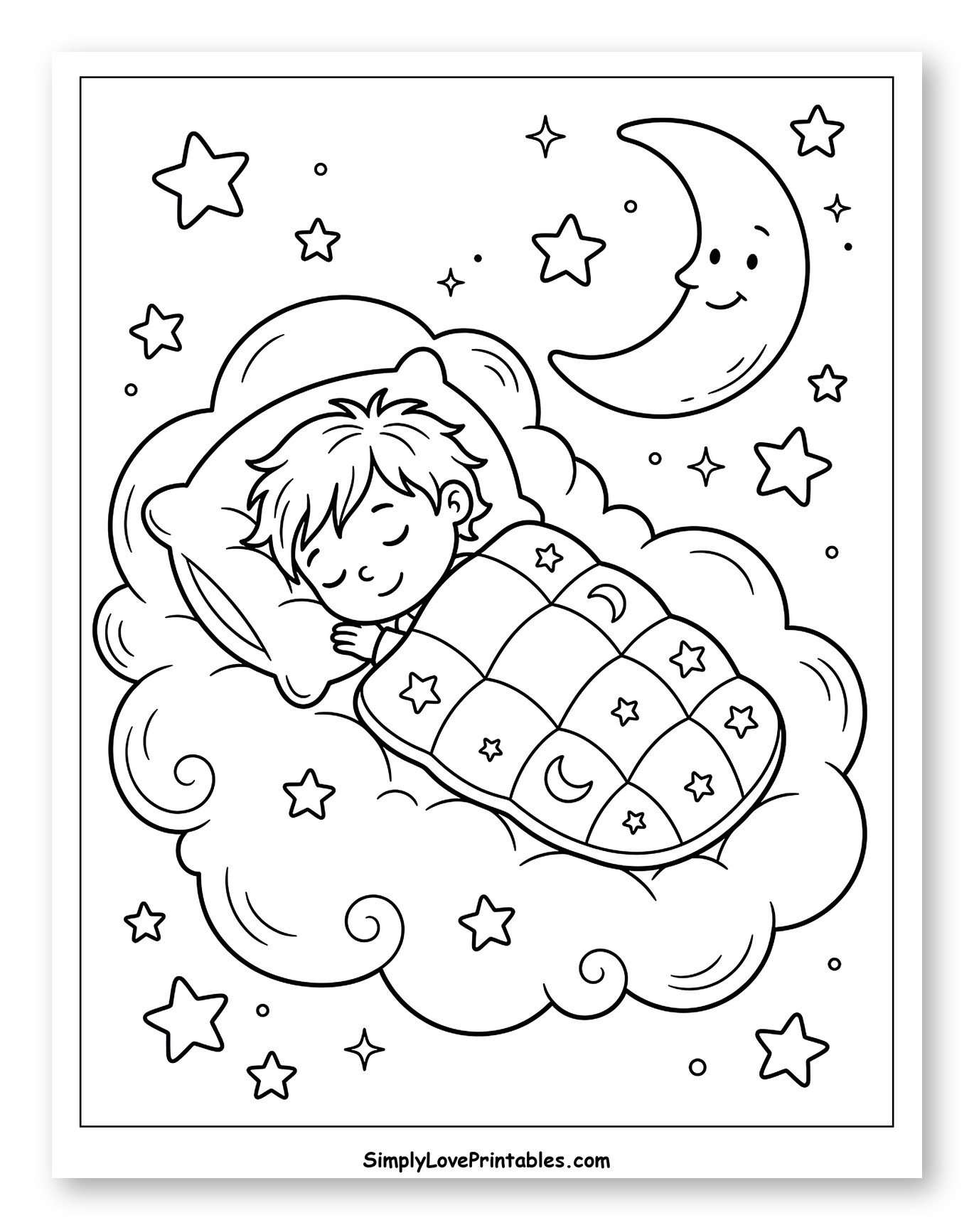 Peaceful Child Sleeping on a Cloud Coloring Sheet for Kids