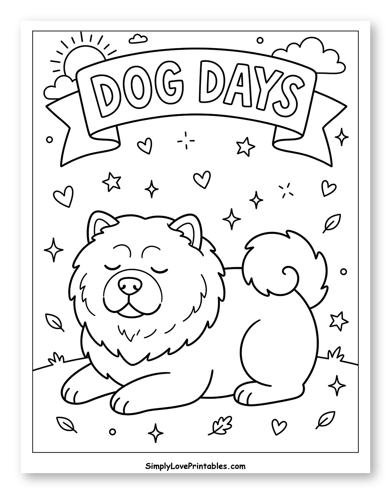 Peaceful Chow Chow Dog with 'Dog Days' Banner Coloring Sheet for Adults