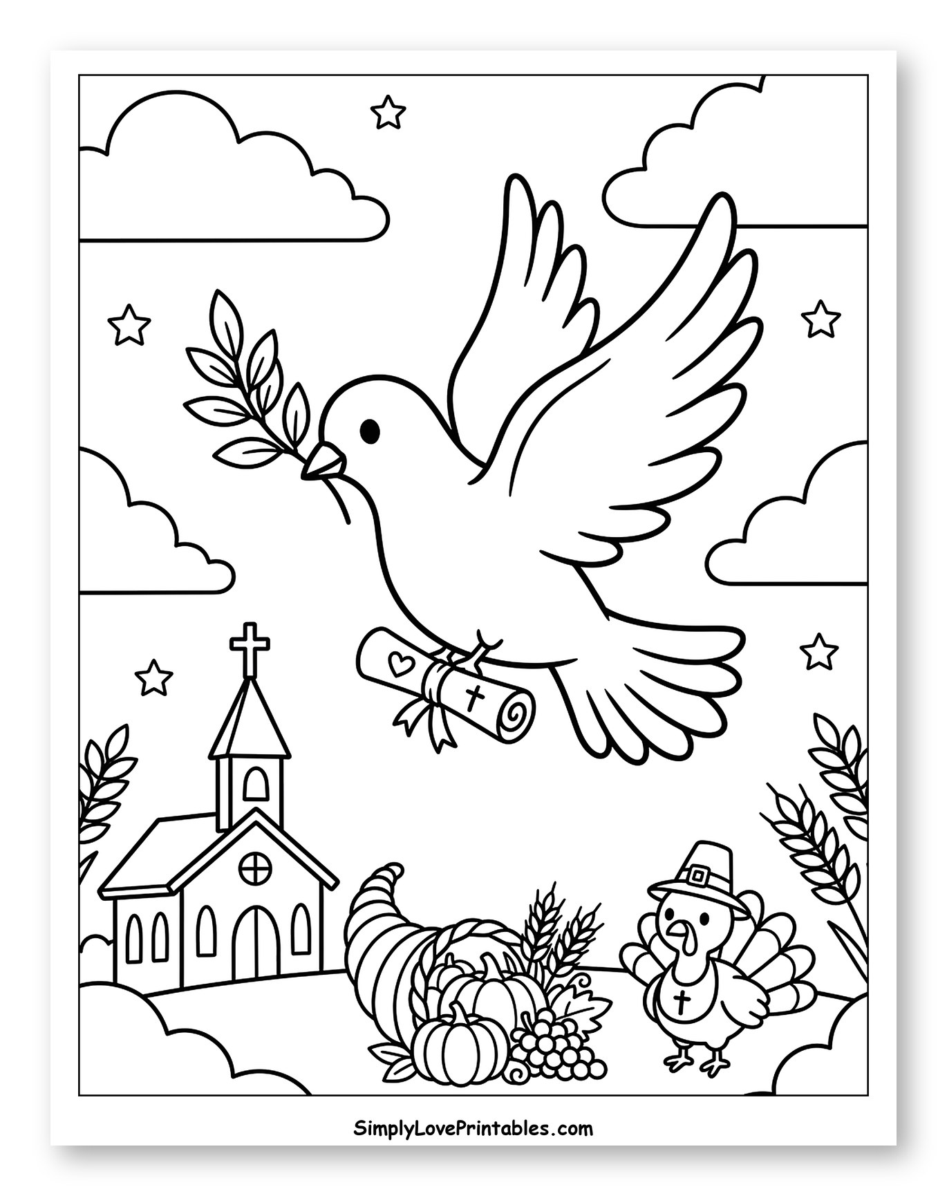 Peaceful Christian Thanksgiving Scene with Dove and Turkey to Color for Kids