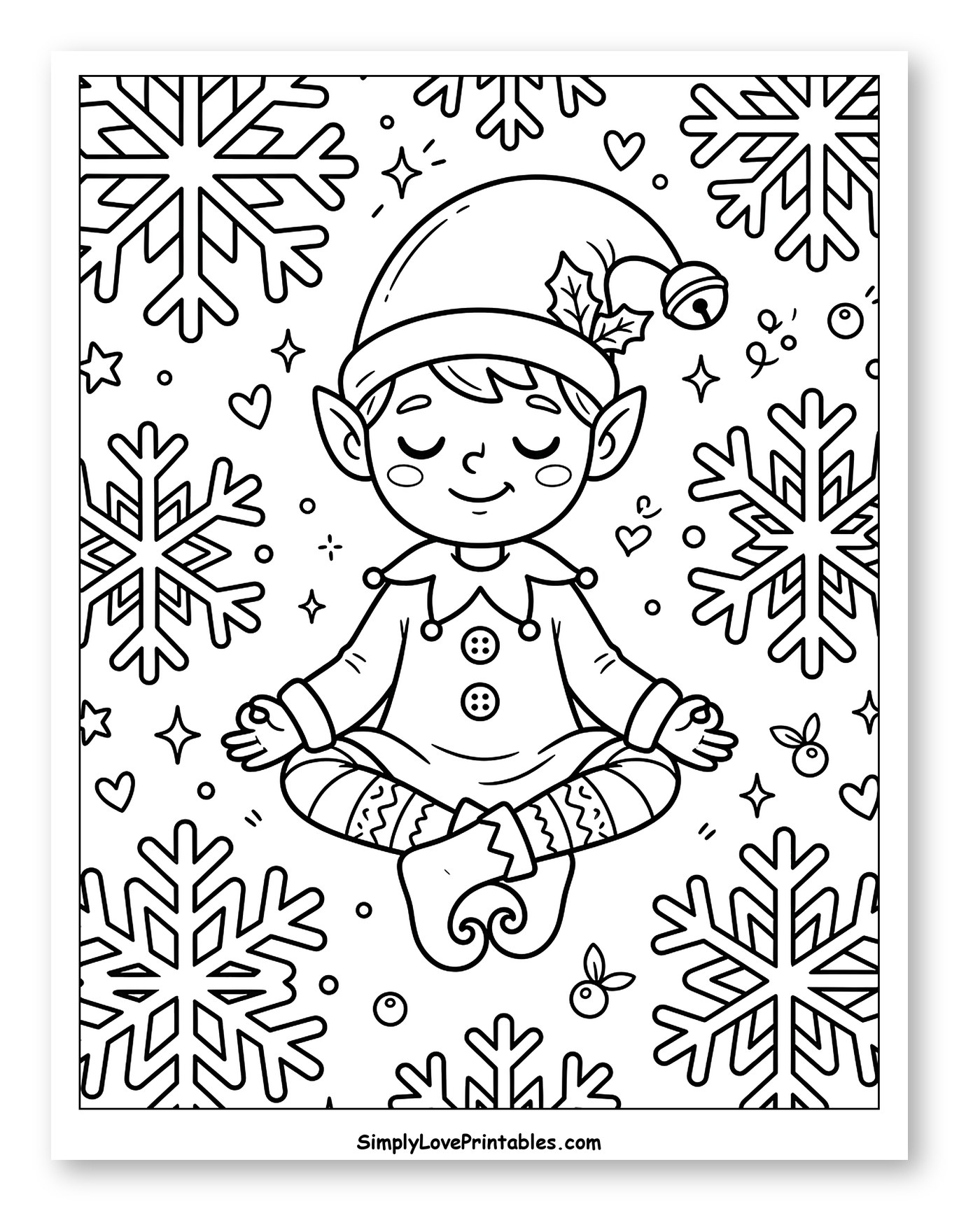 Peaceful Christmas Elf Meditating Among Snowflakes Coloring Page for Adults