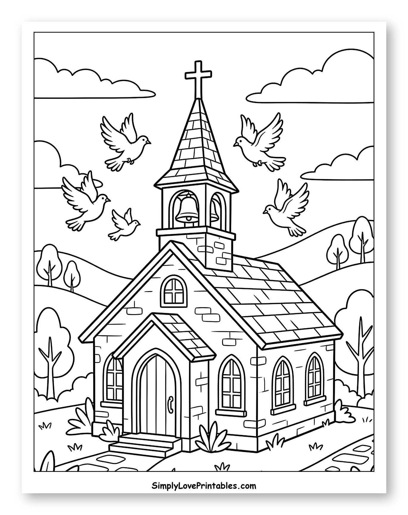 Peaceful Church Building with Flying Doves to Color for Kids