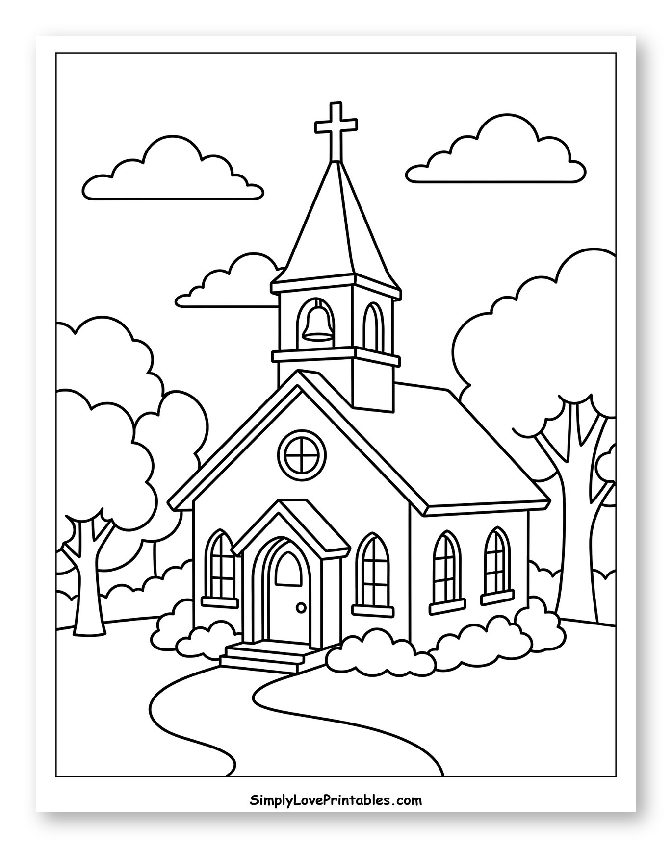 Peaceful Church Building with Steeple and Trees Coloring Sheet for Kids