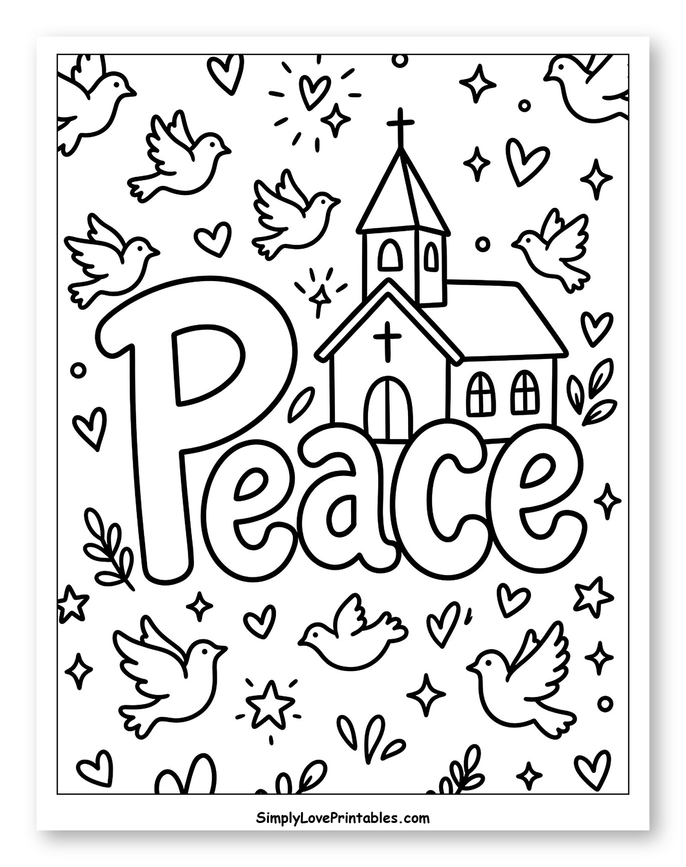 Peaceful Church Scene with Flying Doves Coloring Sheet for Adults