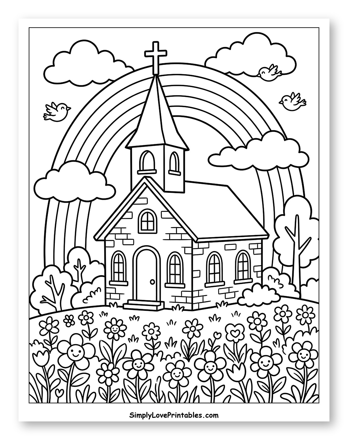 Peaceful Church Scene with Rainbow and Flowers Coloring Page for Kids