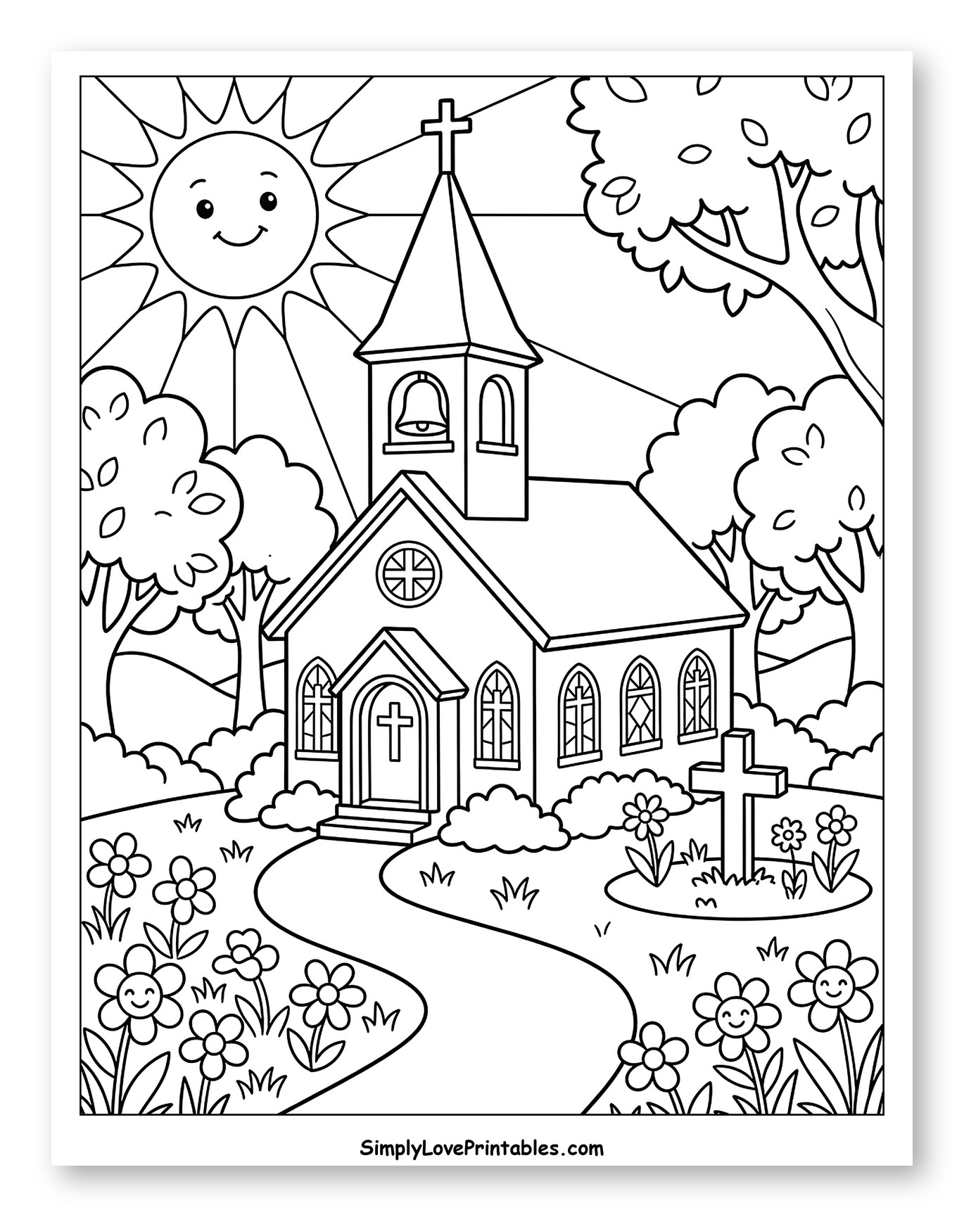 Peaceful Church Scene with Smiling Sun and Flowers