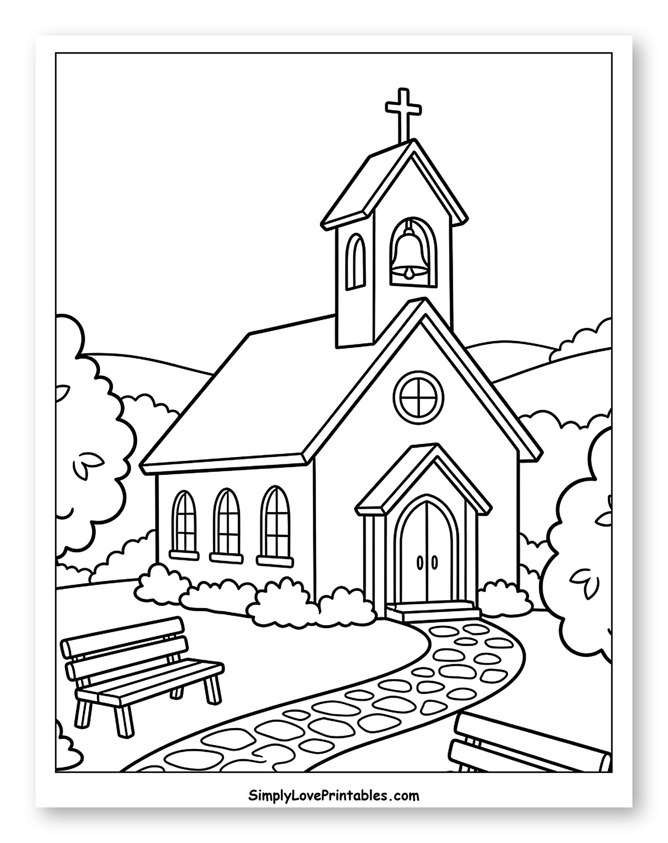 Peaceful Church with Bell Tower and Garden to Color for Kids