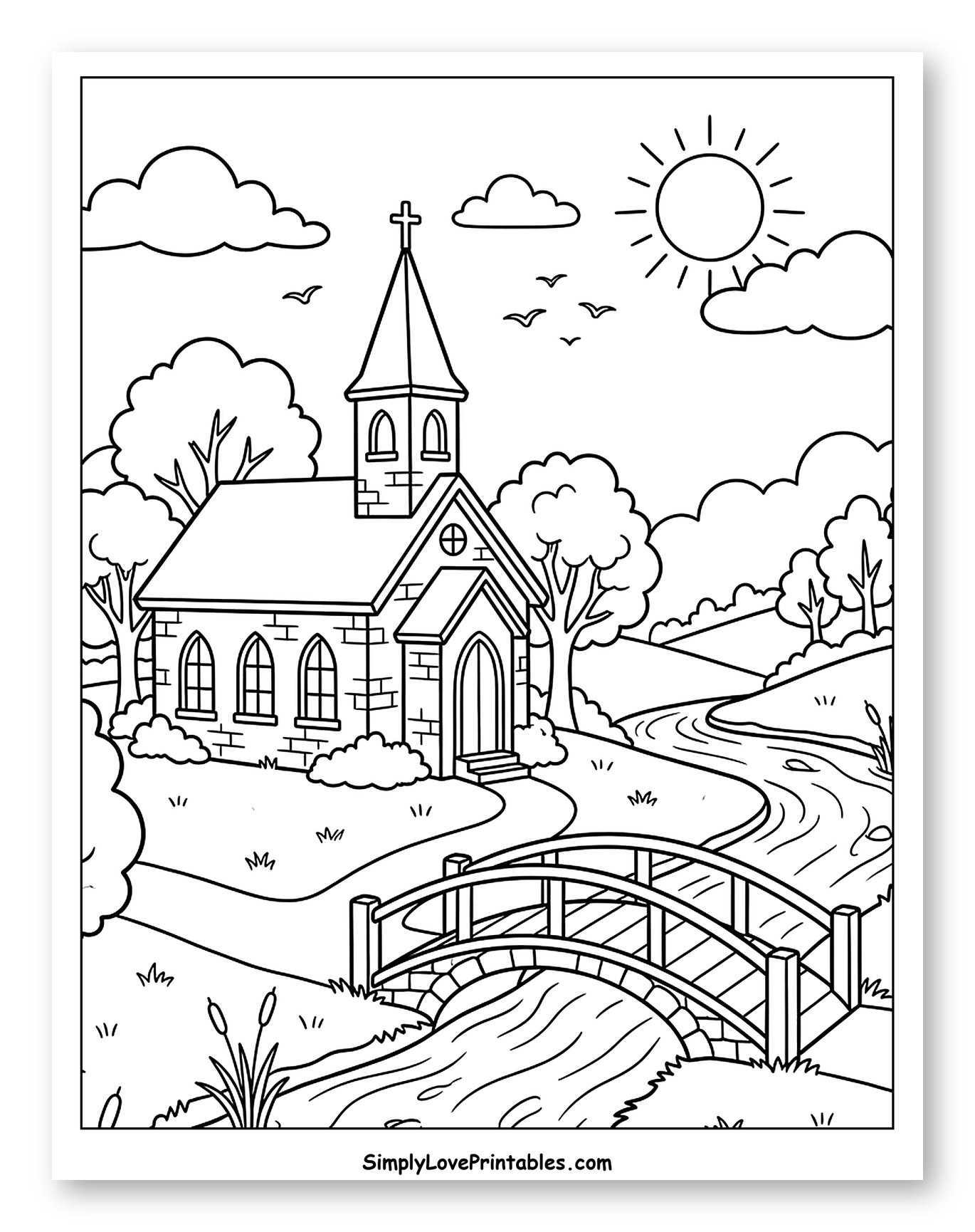 Peaceful Church with River and Bridge Landscape to Color for Kids