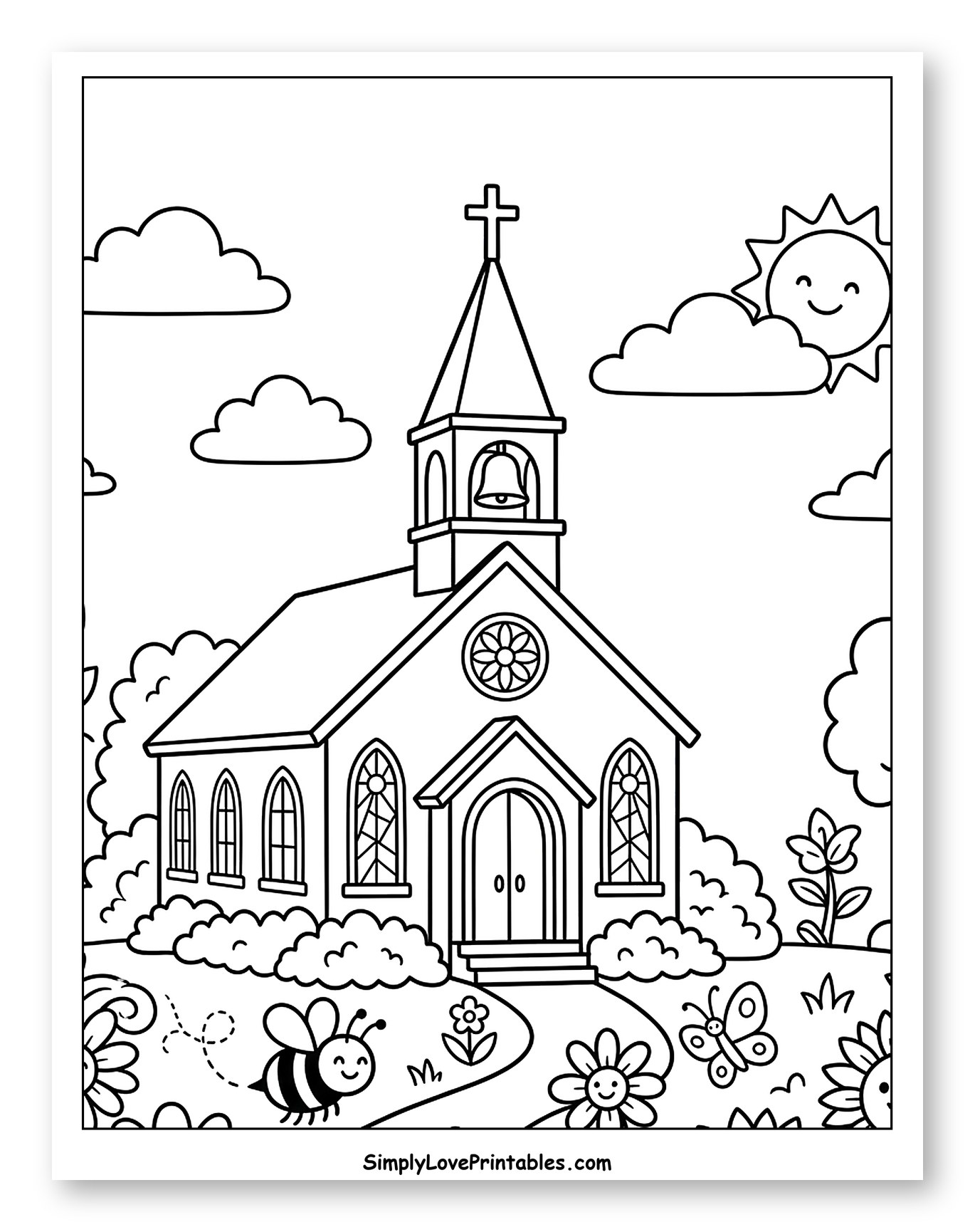 Peaceful Church with Smiling Sun and Flowers