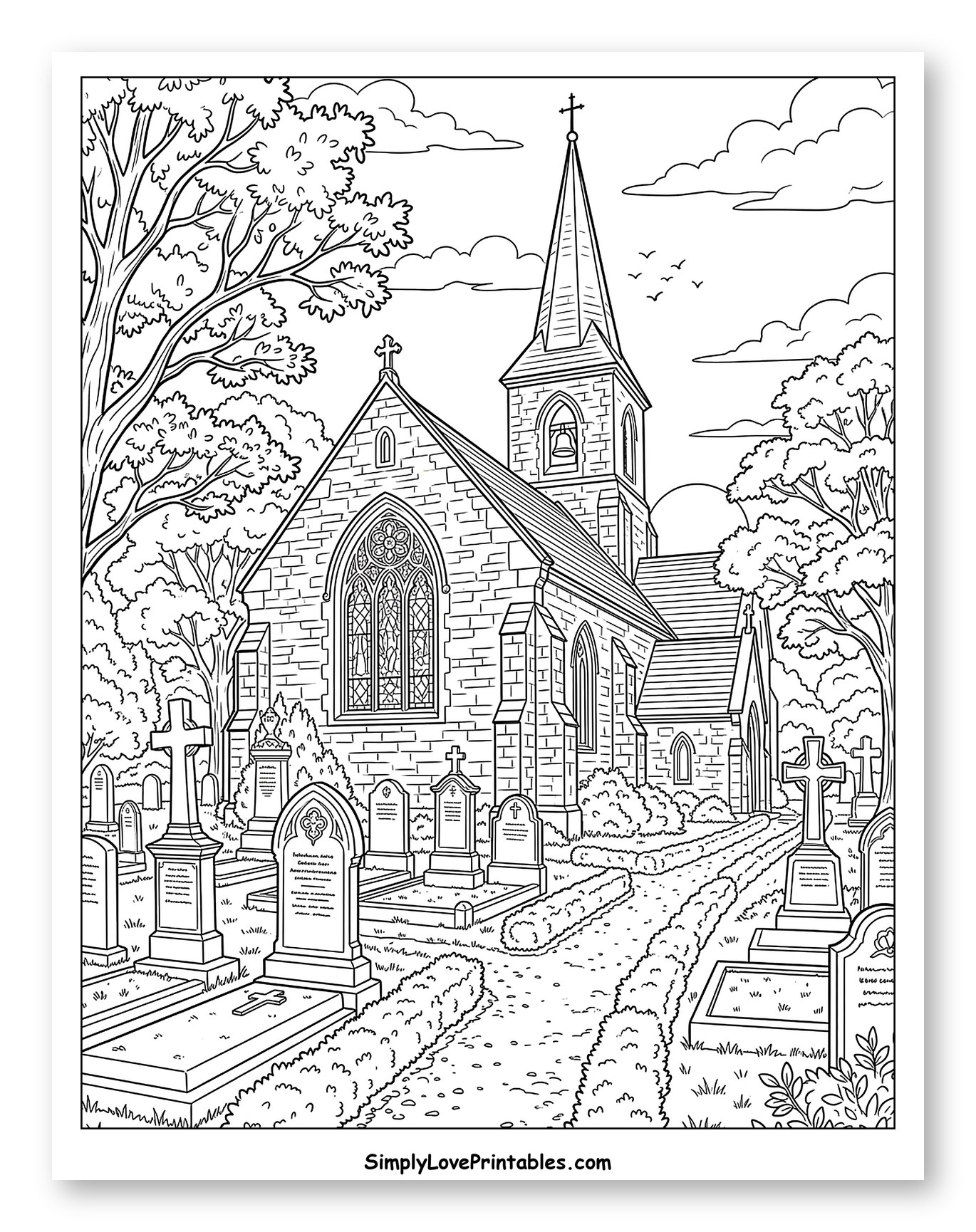 Peaceful Churchyard with Gravestones and Trees
