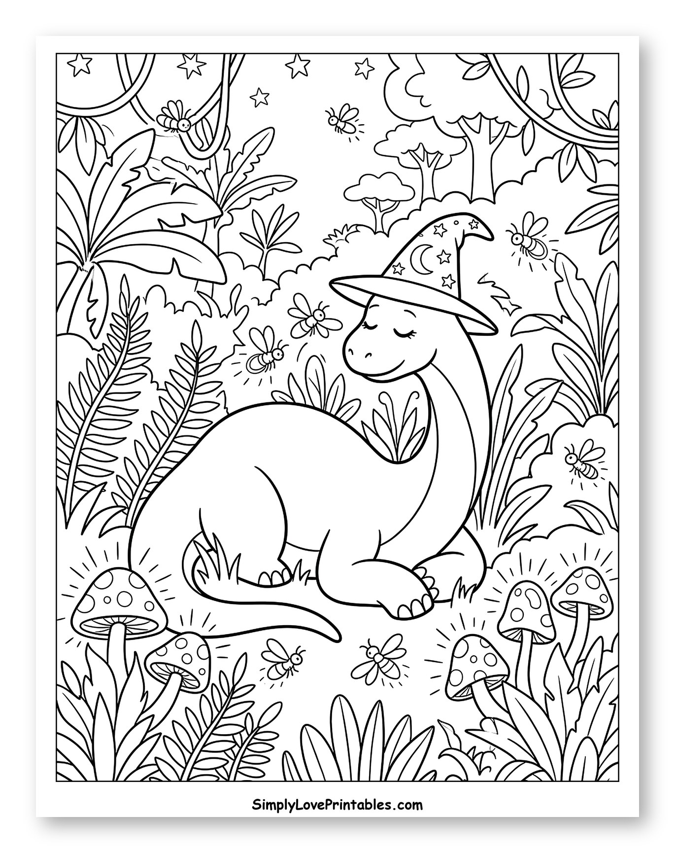 Peaceful Dino Witch with Fireflies Coloring Page for Kids