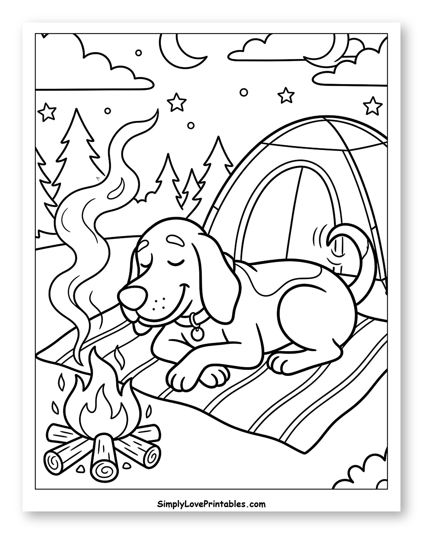 Peaceful Dog by a Campfire and Tent