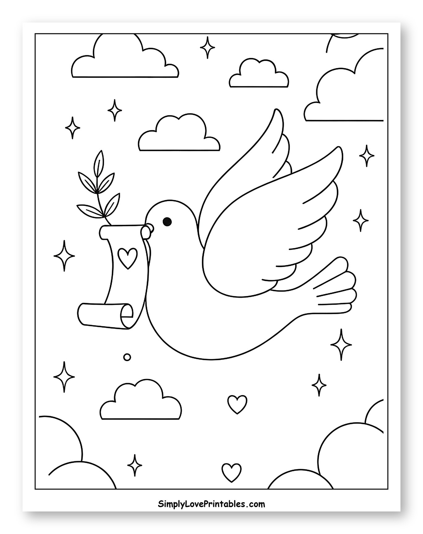 Peaceful Dove in Sky with Clouds and Stars